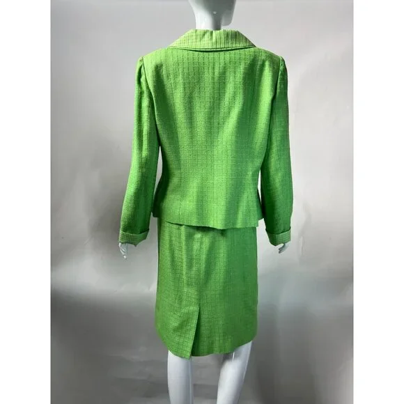 Vintage George Simonton Green Womens Suit Set Size 14 100% Silk With Acetate Lin